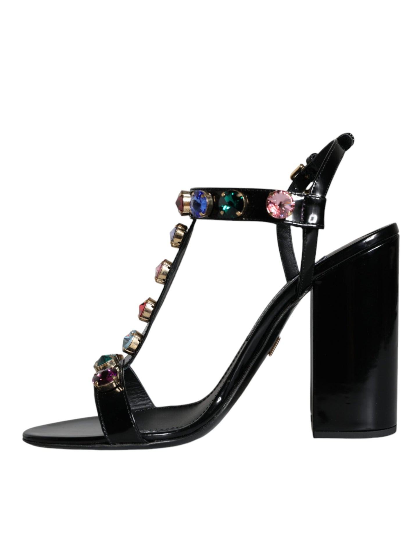  - Black Crystal Leather T-strap Sandals Shoes