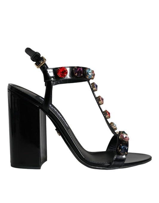  - Black Crystal Leather T-strap Sandals Shoes