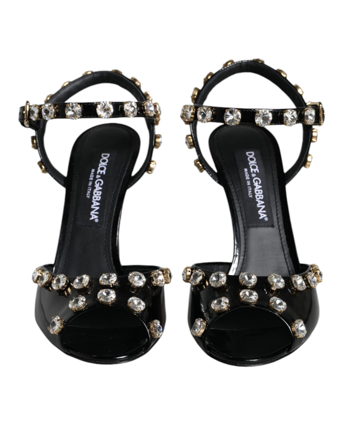  - Black Leather Crystal Ankle Strap Sandals Shoes