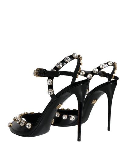  - Black Leather Crystal Ankle Strap Sandals Shoes