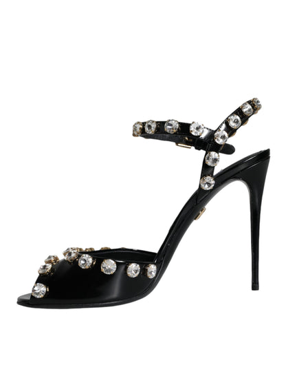  - Black Leather Crystal Ankle Strap Sandals Shoes