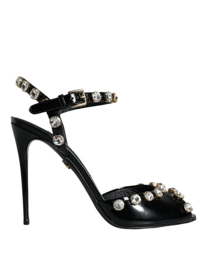  - Black Leather Crystal Ankle Strap Sandals Shoes