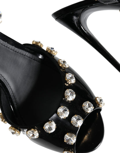  - Black Leather Crystal Ankle Strap Sandals Shoes