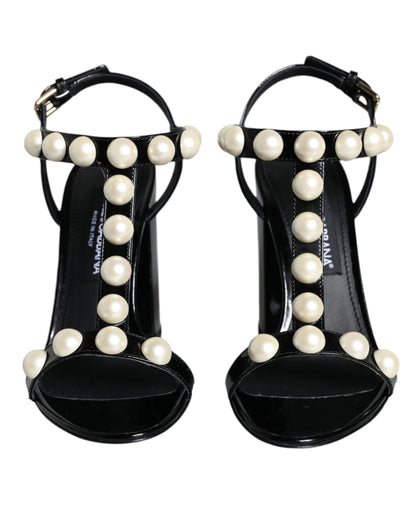  - Black Leather Pearls T-strap Sandals Shoes