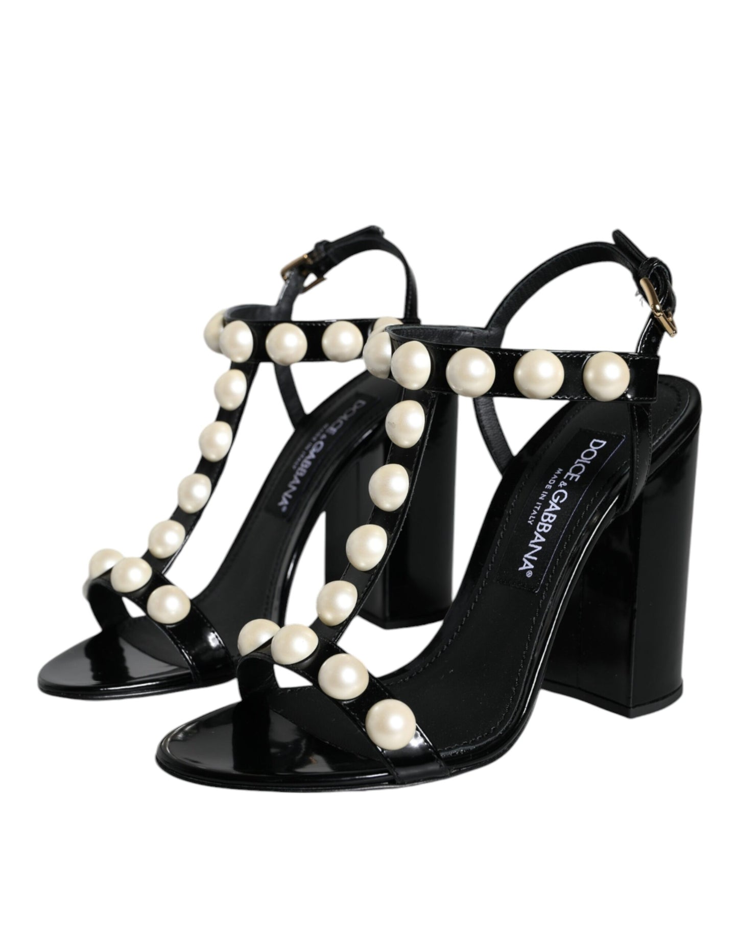  - Black Leather Pearls T-strap Sandals Shoes