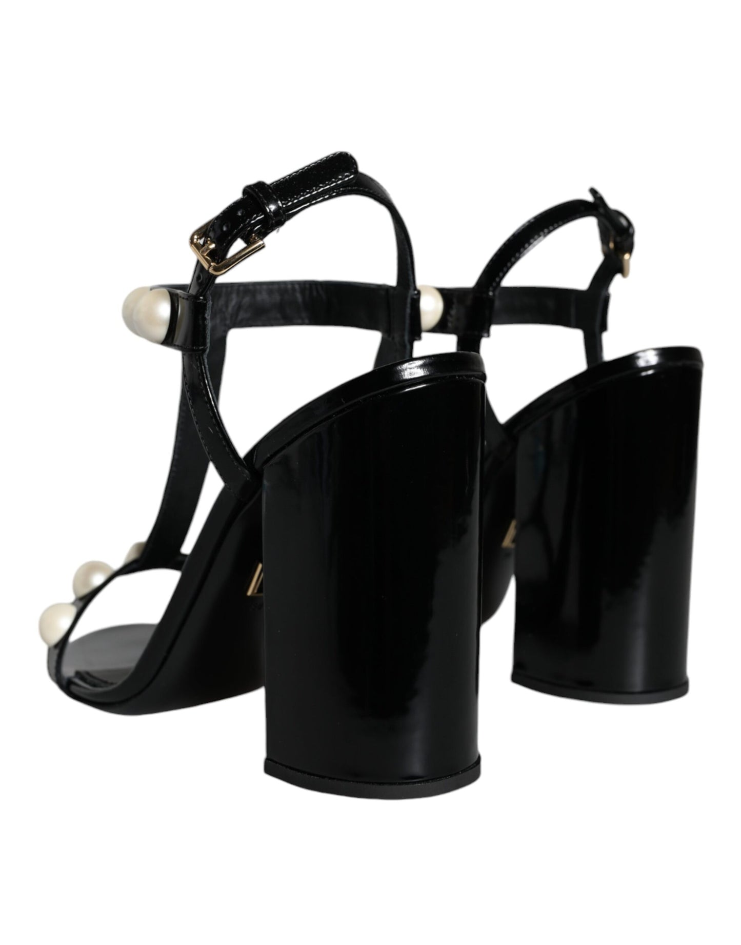  - Black Leather Pearls T-strap Sandals Shoes