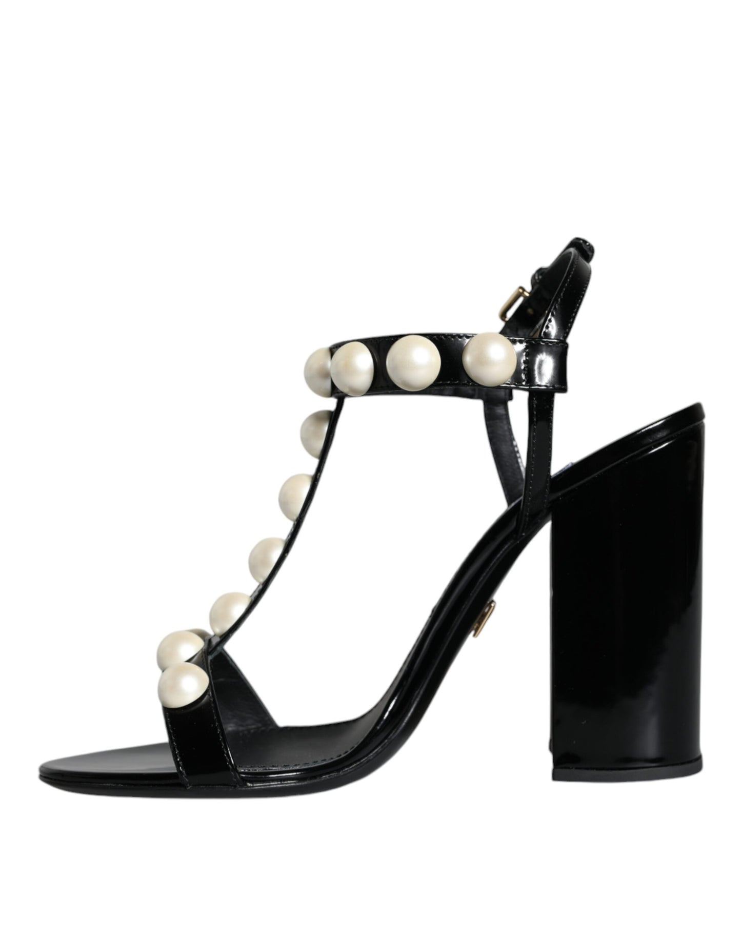  - Black Leather Pearls T-strap Sandals Shoes