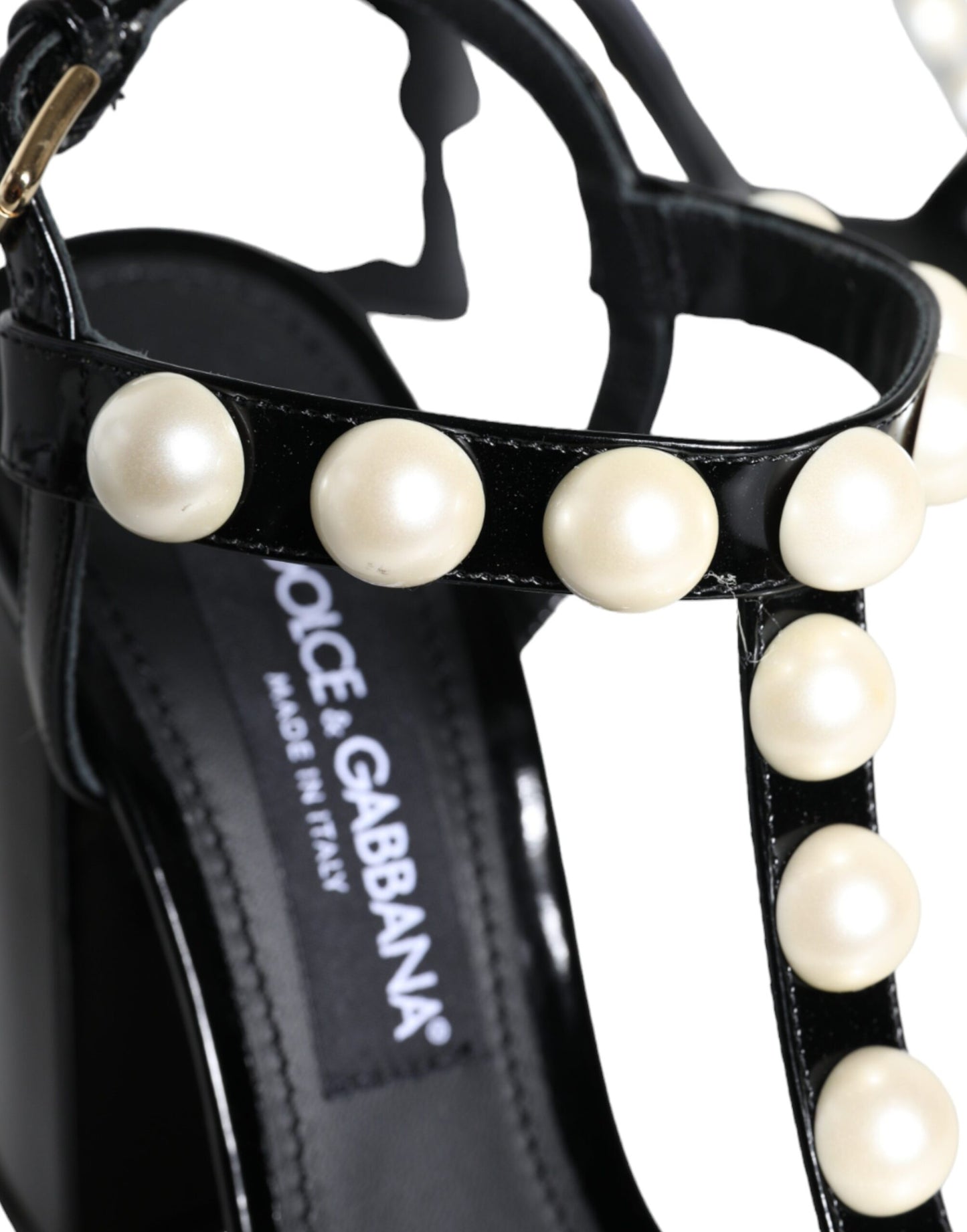  - Black Leather Pearls T-strap Sandals Shoes