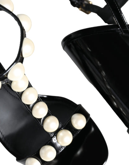  - Black Leather Pearls T-strap Sandals Shoes