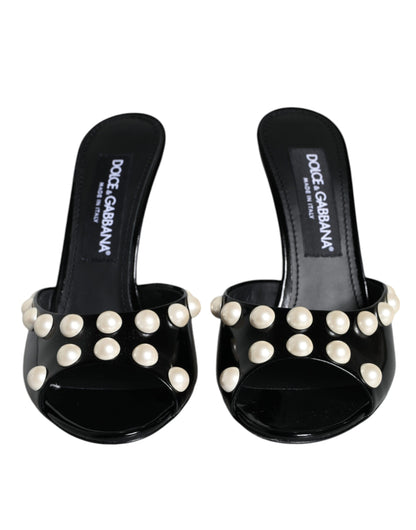  - Black Leather Pearls Slides Sandals Shoes