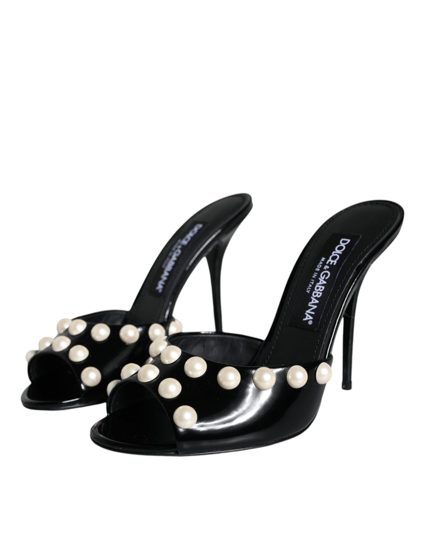  - Black Leather Pearls Slides Sandals Shoes