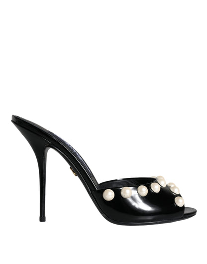  - Black Leather Pearls Slides Sandals Shoes