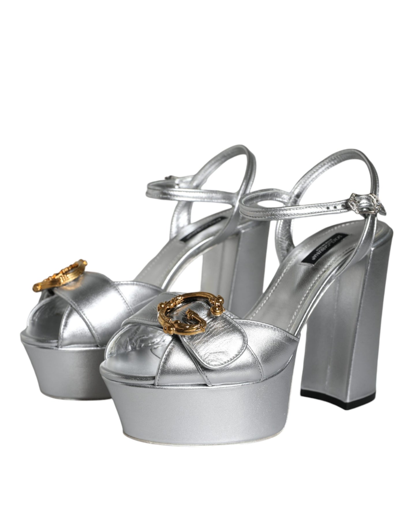 Silver Leather Platform Logo Keira Sandals Shoes - The Luxe Alliance