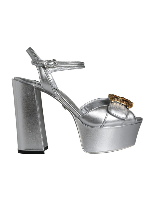 Silver Leather Platform Logo Keira Sandals Shoes - The Luxe Alliance