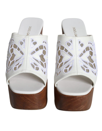 White Leather Wood Mules Wedge Slides Shoes - The Luxe Alliance