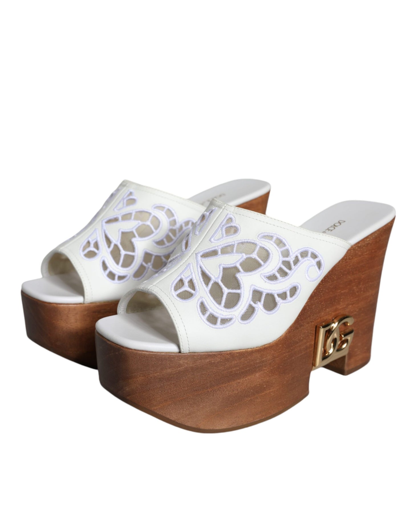 White Leather Wood Mules Wedge Slides Shoes - The Luxe Alliance