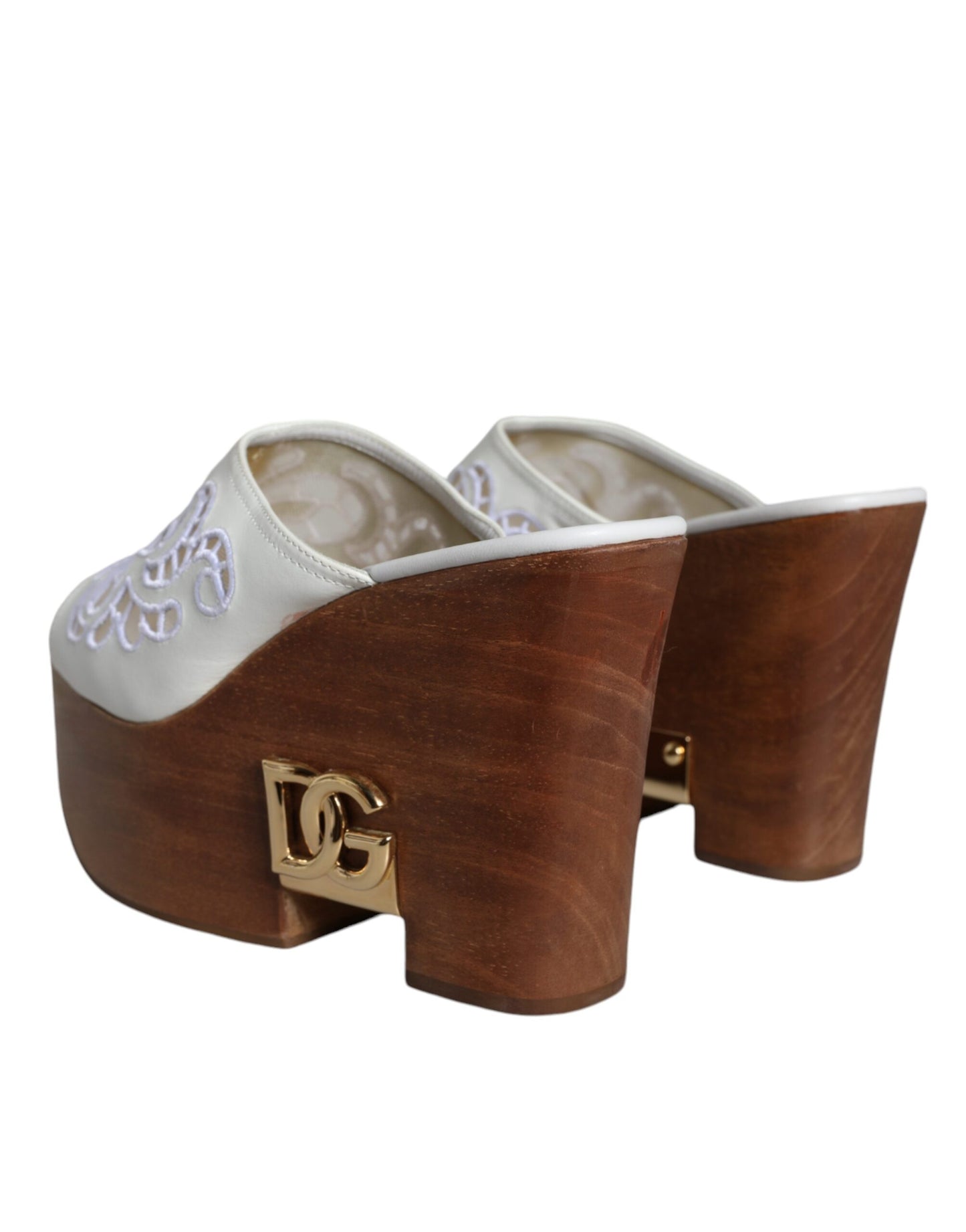 White Leather Wood Mules Wedge Slides Shoes - The Luxe Alliance