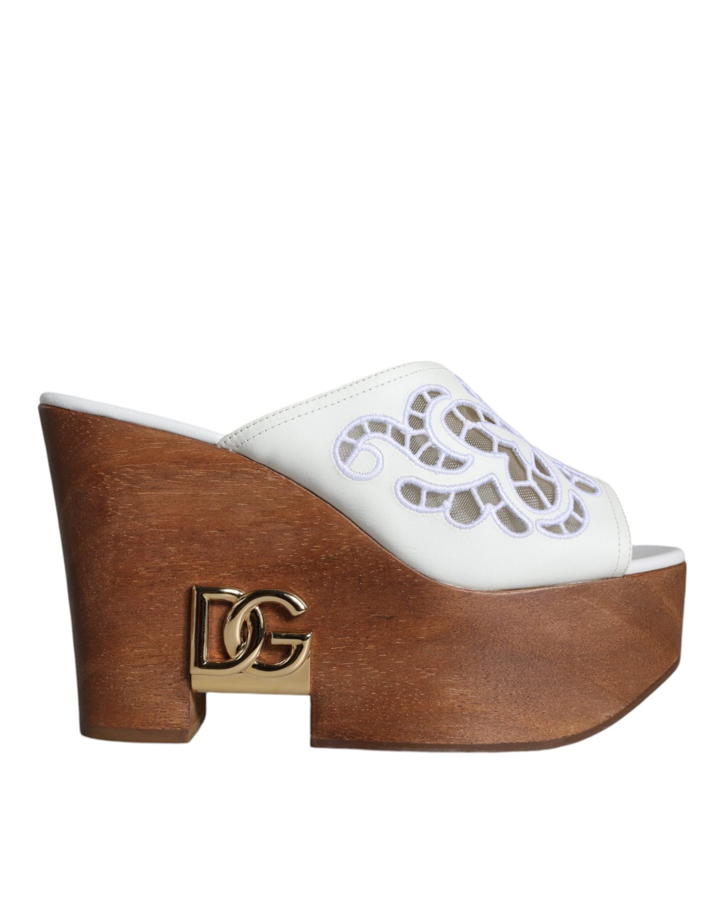 White Leather Wood Mules Wedge Slides Shoes - The Luxe Alliance