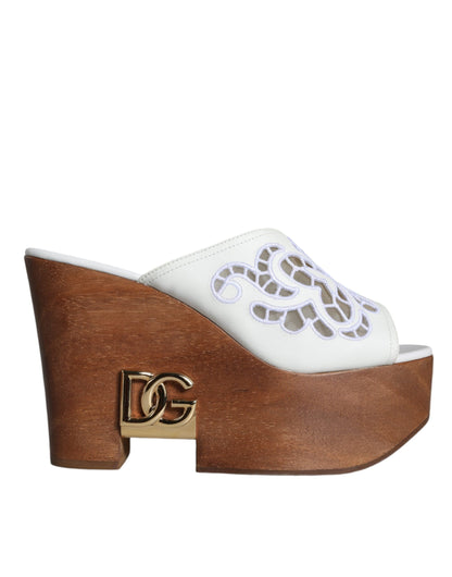 White Leather Wood Mules Wedge Slides Shoes - The Luxe Alliance