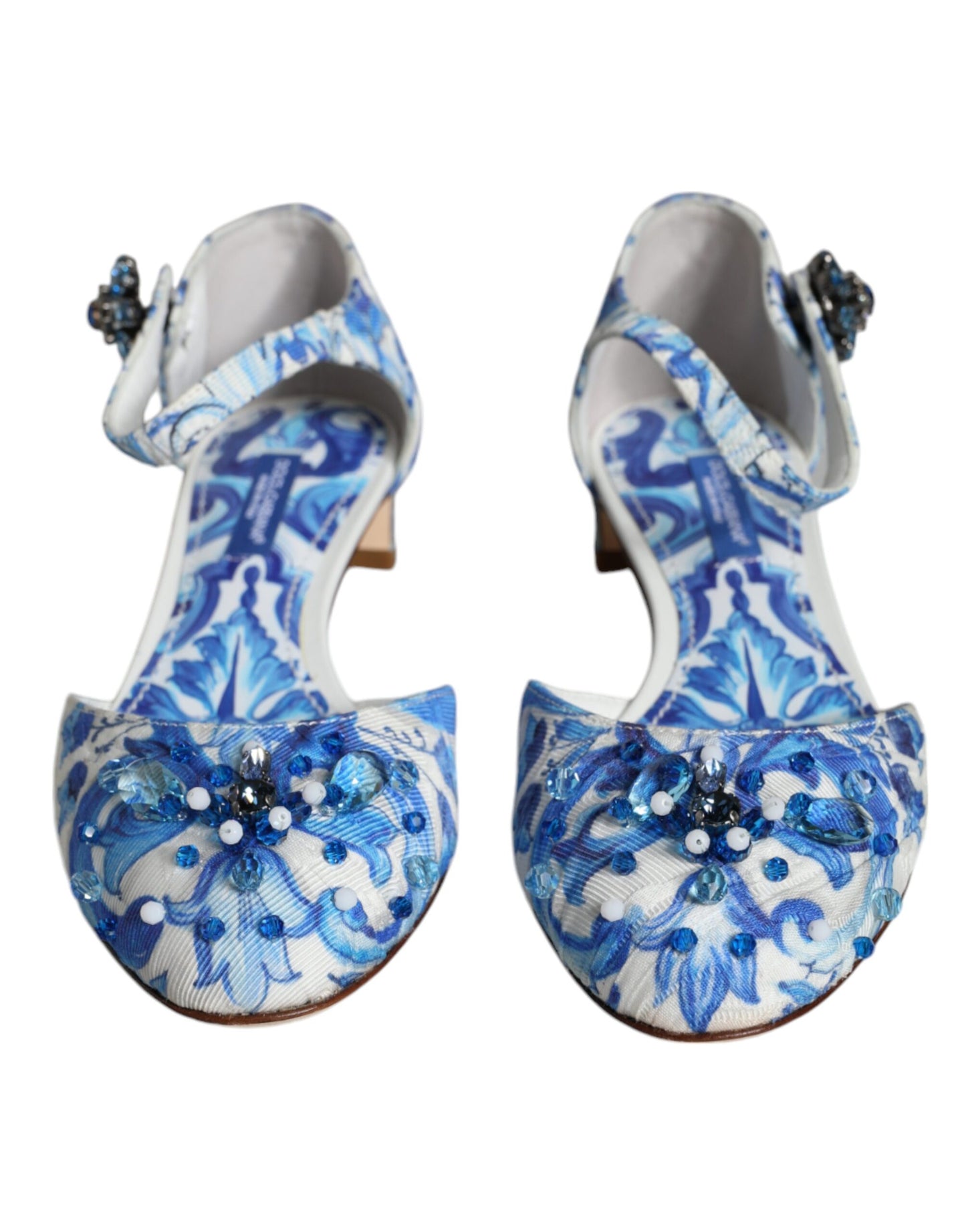 White Blue Majolica Print Ankle Strap Sandals Shoes - The Luxe Alliance