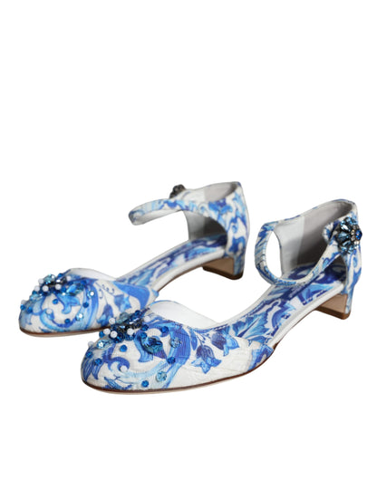 White Blue Majolica Print Ankle Strap Sandals Shoes - The Luxe Alliance