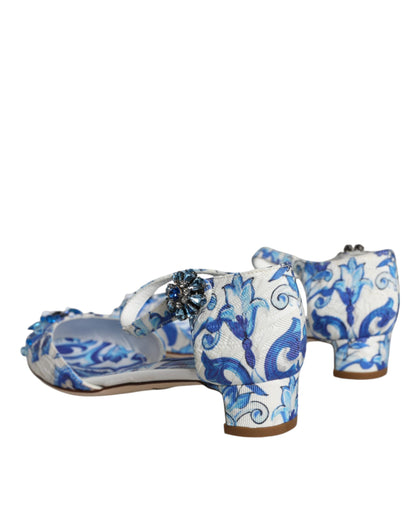 White Blue Majolica Print Ankle Strap Sandals Shoes - The Luxe Alliance