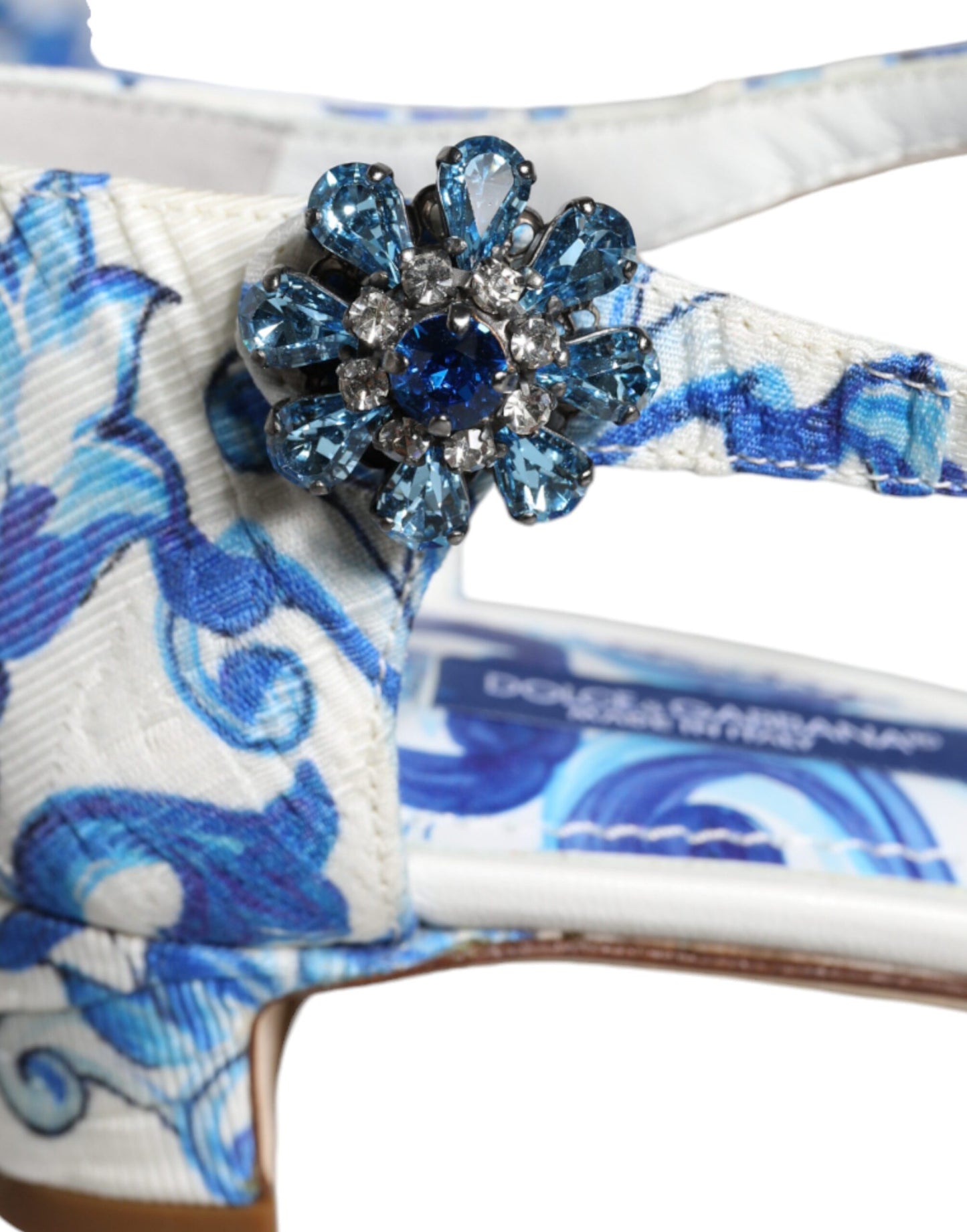 White Blue Majolica Print Ankle Strap Sandals Shoes - The Luxe Alliance