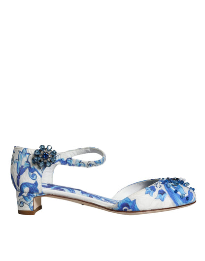 White Blue Majolica Print Ankle Strap Sandals Shoes - The Luxe Alliance