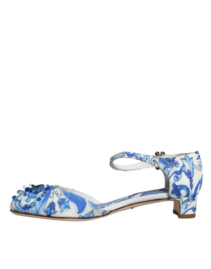 White Blue Majolica Print Ankle Strap Sandals Shoes - The Luxe Alliance