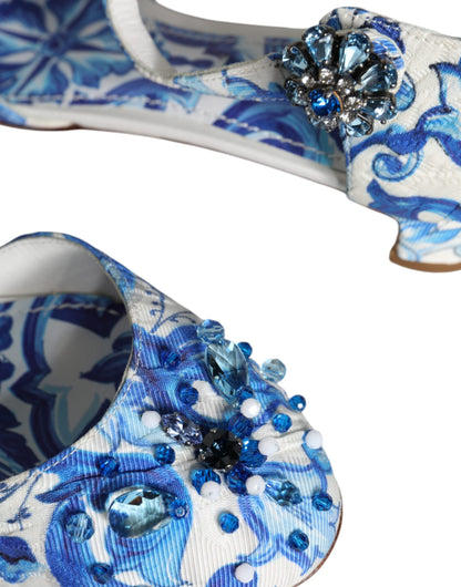 White Blue Majolica Print Ankle Strap Sandals Shoes - The Luxe Alliance