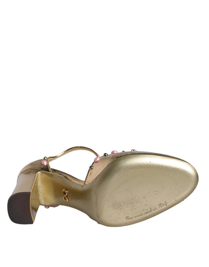 Gold Embellished Leather T-strap Heels Shoes - The Luxe Alliance