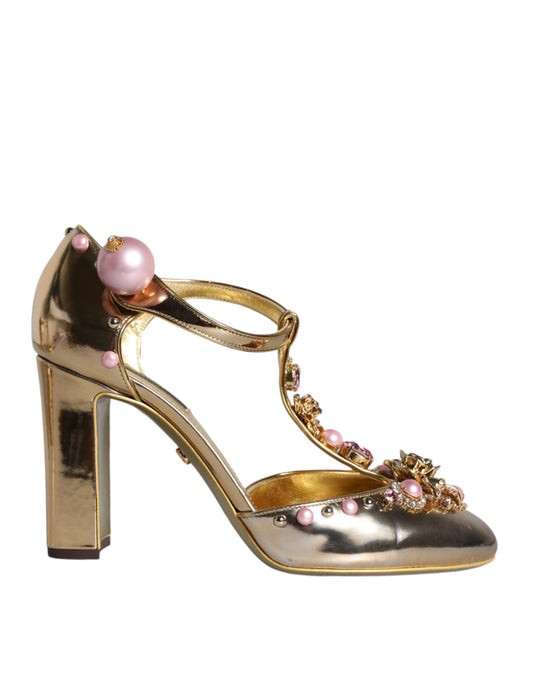  - Gold Embellished Leather T-strap Heels Shoes