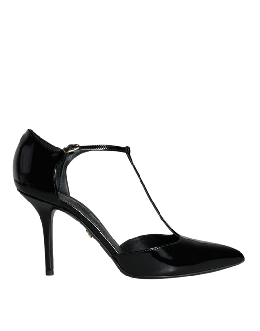  - Black Patent Leather T-strap Heels Pumps Shoes