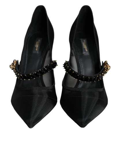  - Black Mesh Mary Jane Crystal Heel Pumps Shoes