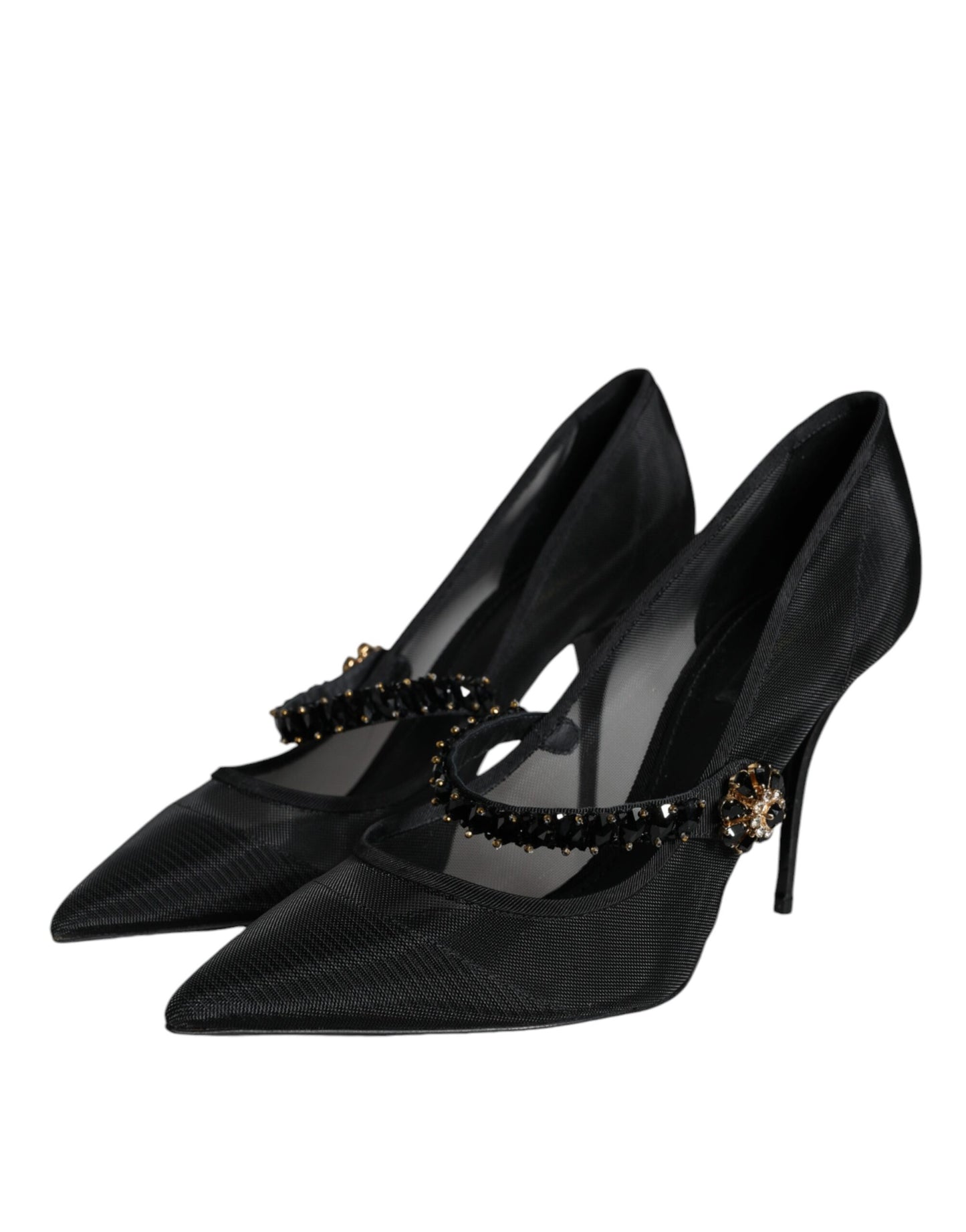  - Black Mesh Mary Jane Crystal Heel Pumps Shoes