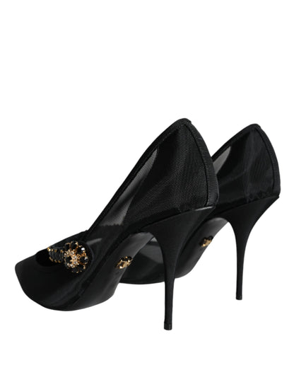  - Black Mesh Mary Jane Crystal Heel Pumps Shoes