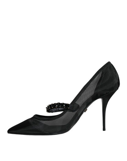  - Black Mesh Mary Jane Crystal Heel Pumps Shoes