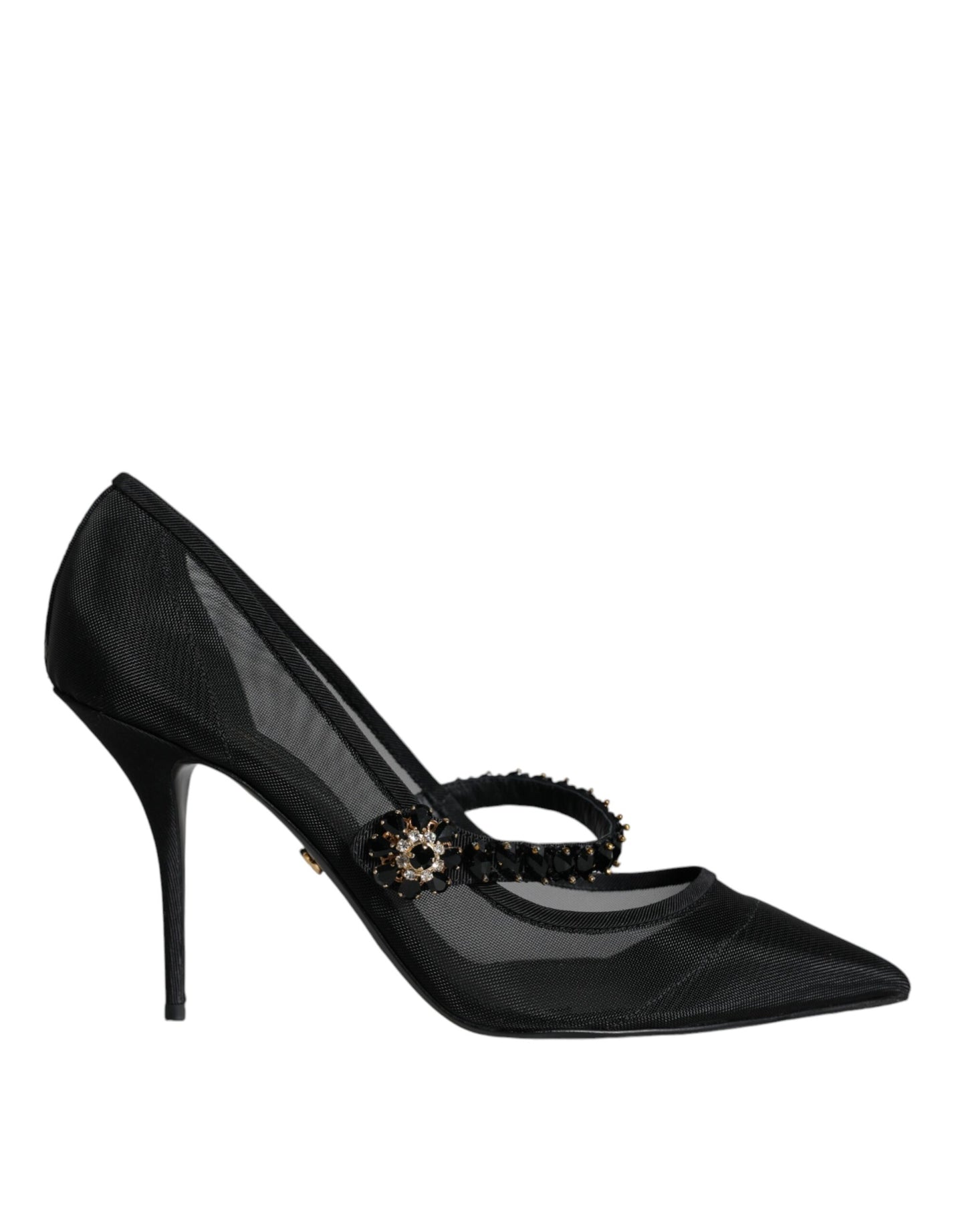  - Black Mesh Mary Jane Crystal Heel Pumps Shoes