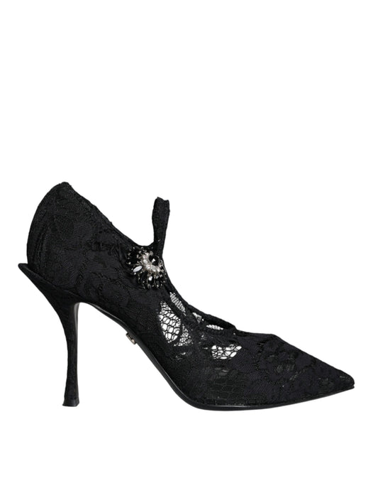  - Black Mary Jane Pumps Lace Crystals Heels Shoes