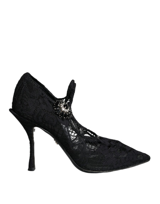  - Black Mary Jane Pumps Lace Crystals Heels Shoes