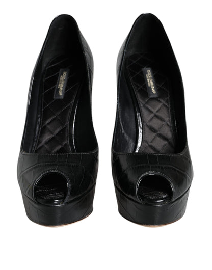  - Black Leather Platform Heels Pumps