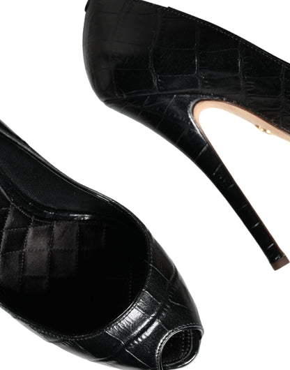  - Black Leather Platform Heels Pumps