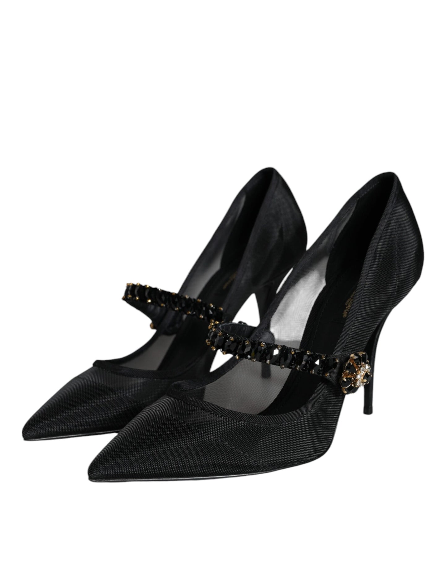  - Black Mesh Mary Jane Crystal Heel Pumps Shoes