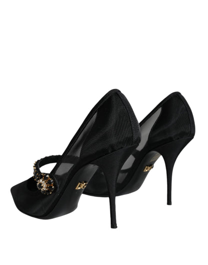  - Black Mesh Mary Jane Crystal Heel Pumps Shoes