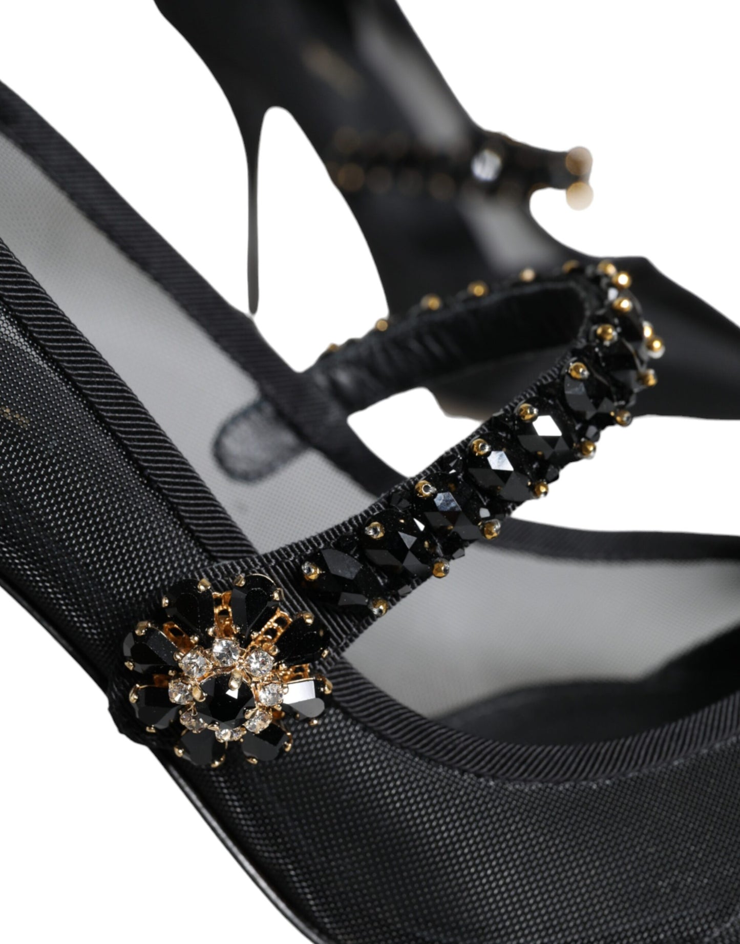  - Black Mesh Mary Jane Crystal Heel Pumps Shoes