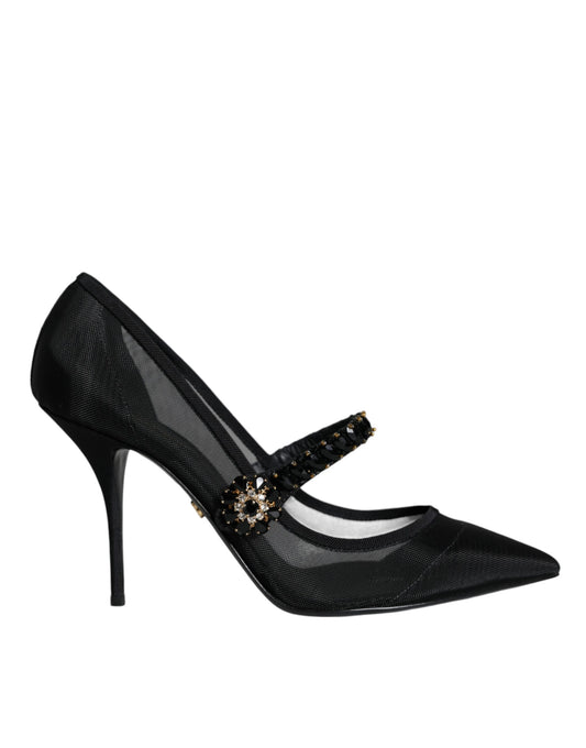  - Black Mesh Mary Jane Crystal Heel Pumps Shoes