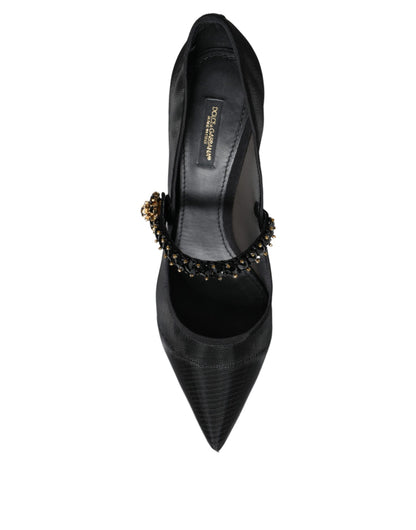  - Black Mesh Mary Jane Crystal Heel Pumps Shoes