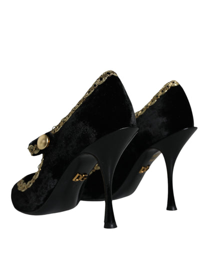  - Black Mary Janes Velvet Gold Pumps Shoes