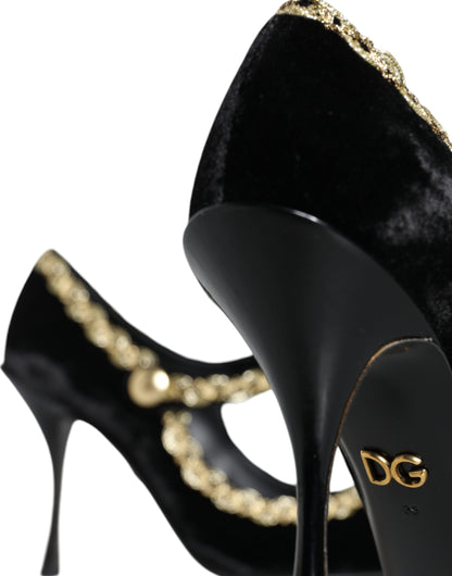  - Black Mary Janes Velvet Gold Pumps Shoes