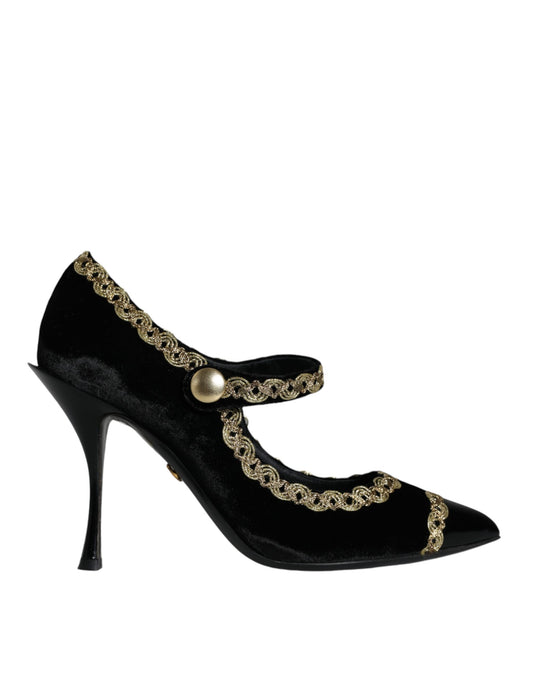 Dolce & Gabbana Black Mary Janes Velvet Gold Pumps
